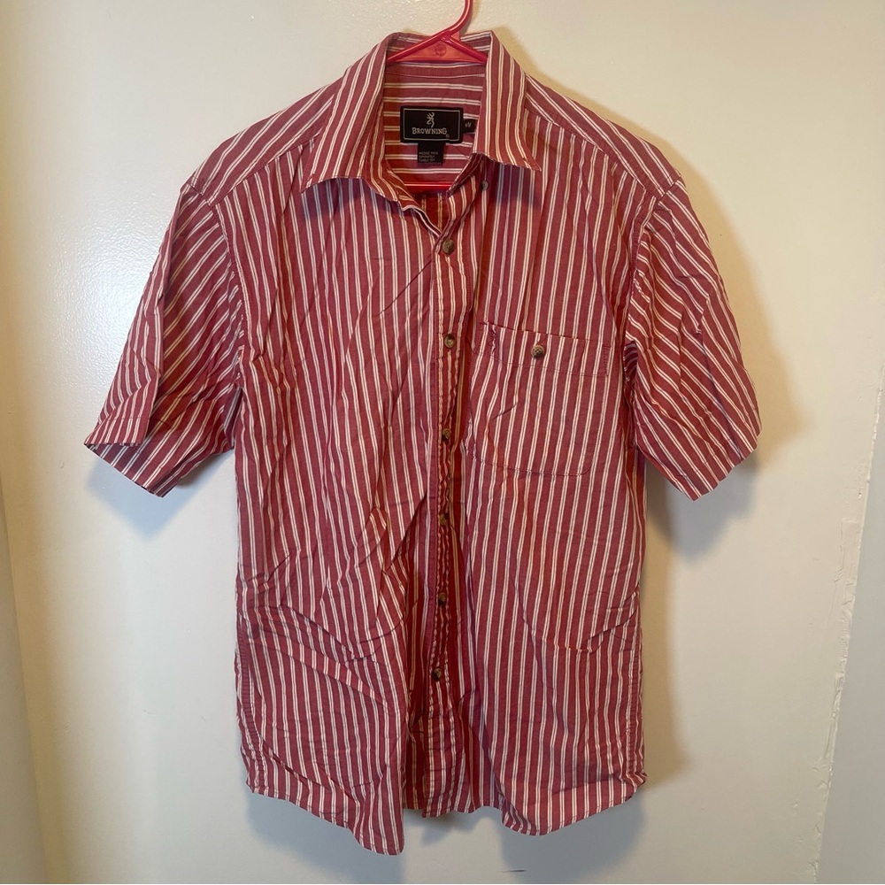 Browning short sleeve button up shirt red‎ and white striped men's size medium